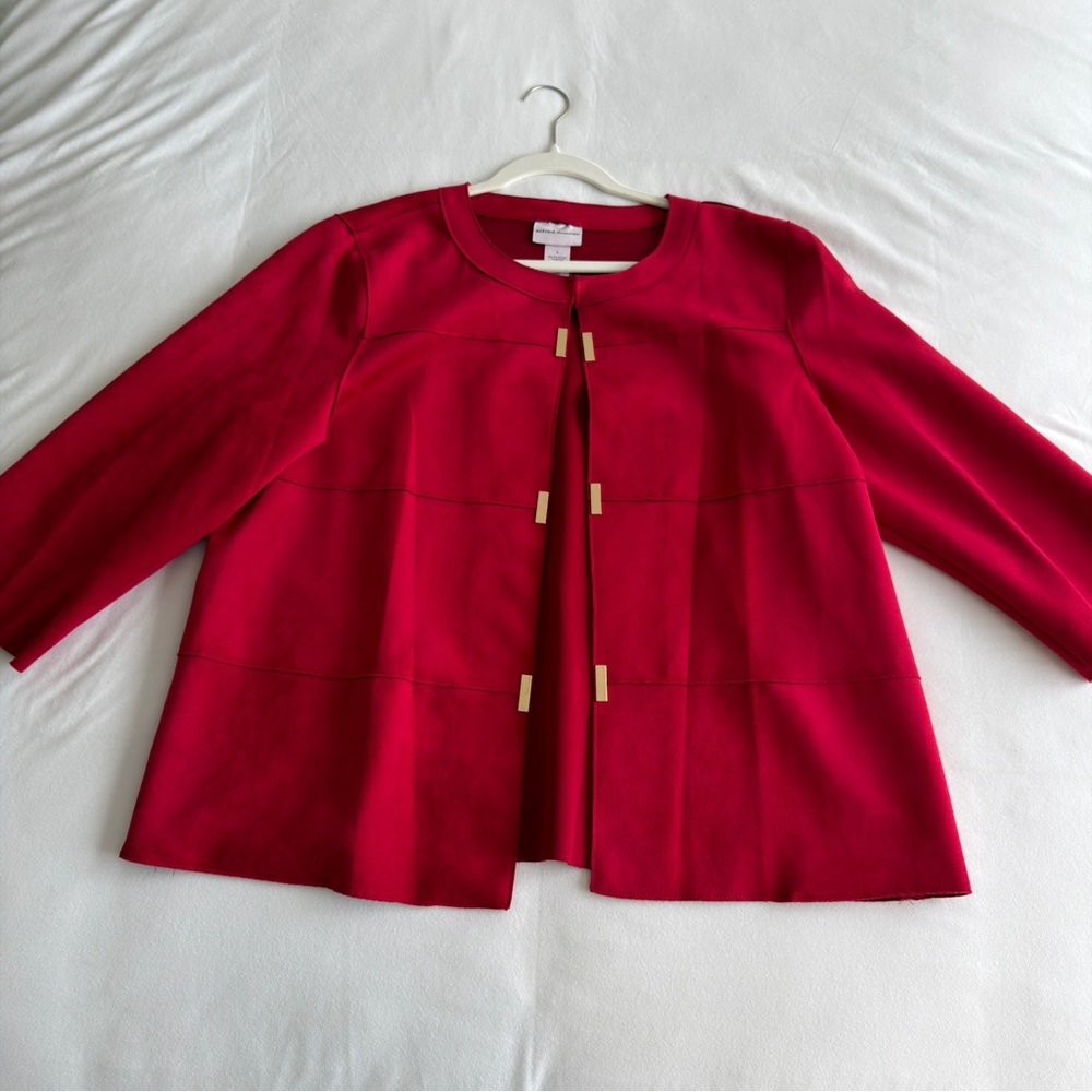 Alfred Dunner Red Open-Front Jacket with Gold Accents